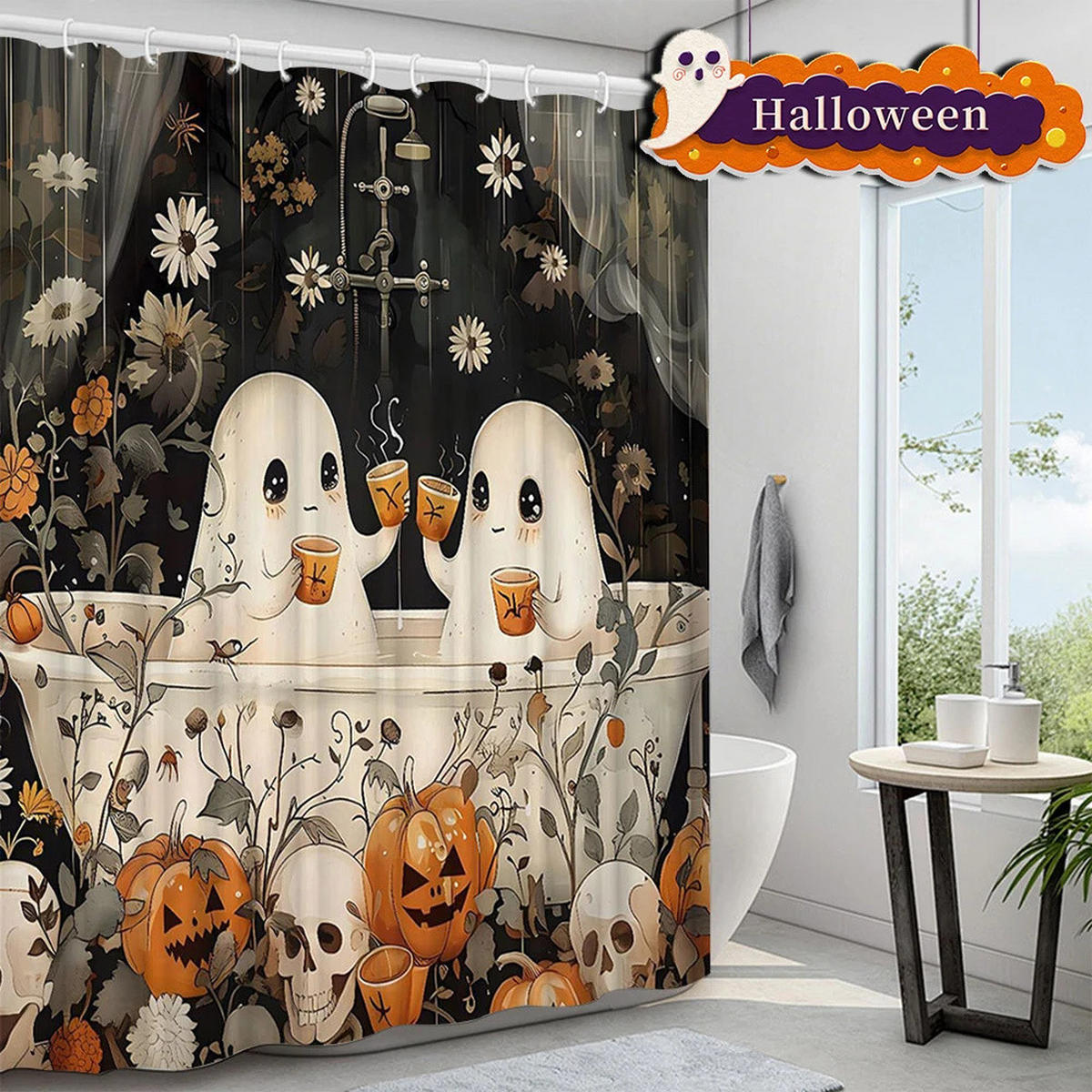 DUSCHVORHANG Halloween niedlich 180 x 220 cm Polyester wasserdicht maschinenwaschbar mit Haken - Schwarz, Textil (180/220cm) - MCBOSON
