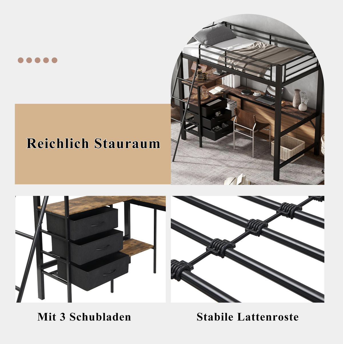 ETAGENBETT 90/200 cm in Schwarz/Dunkle Walnuss mit Schreibtisch und 3 Schubladen - Schwarz, Metall (90/200cm) - OKMYHOME