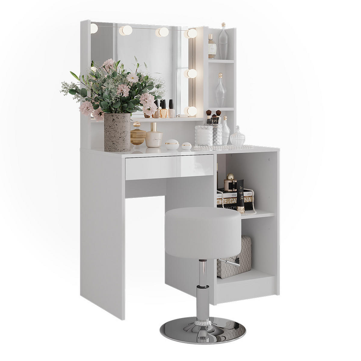 SCHMINKTISCH Sherry Weiß/Weiß Hochglanz 89.8 cm 5 Teile - Weiß Hochglanz, Holzwerkstoff (89.8/76/50.1cm) - Vicco