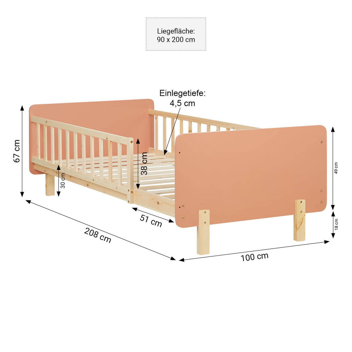 KINDERBETT altrosa 90/200 Lattenrost Matratze Rausfallschutz - Altrosa, Holz (100/67/208cm) - Homestyle4u