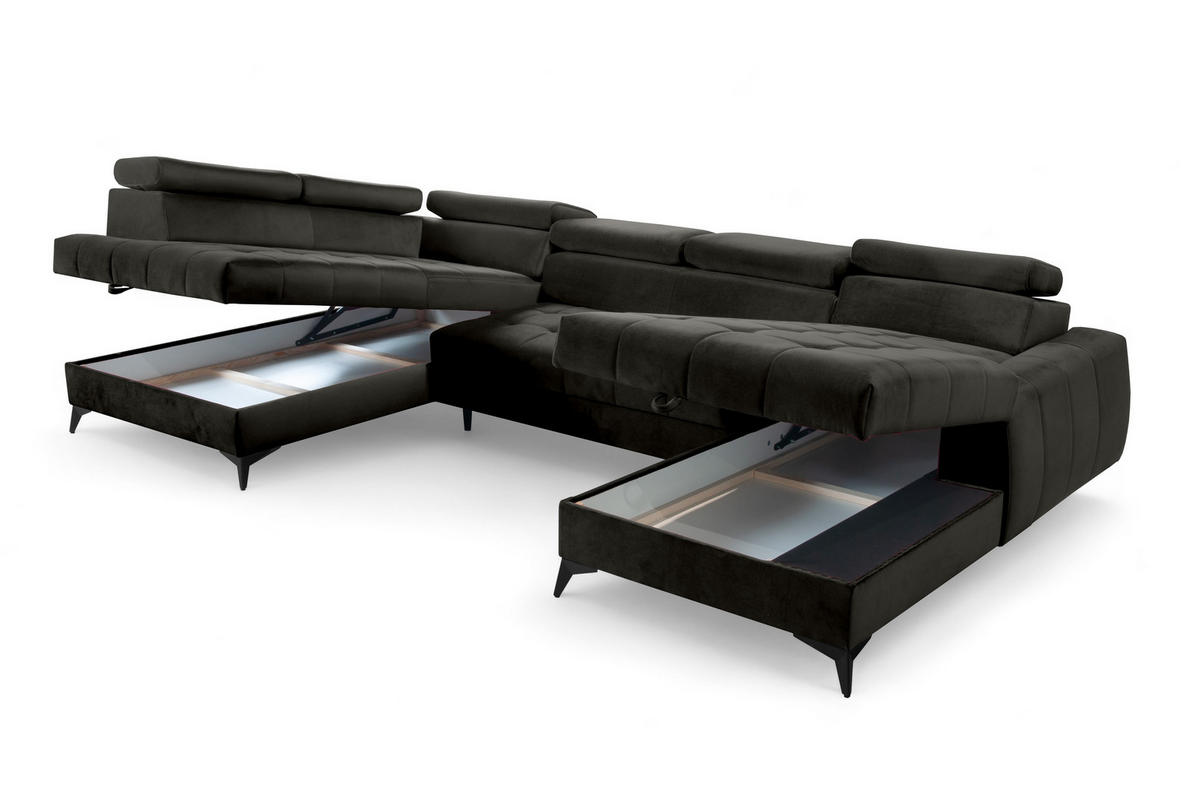 WOHNLANDSCHAFT Arkucio U Schwarz 345/200/95 cm – großes Sofa mit Schlaffunktion R - Schwarz, Textil/Metall (345/95/200cm) - AX Living