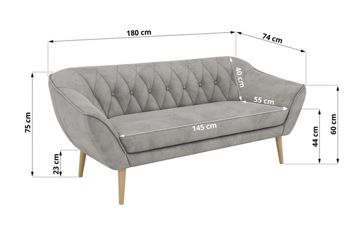 TŘÍMÍSTNÁ POHOVKA PIRS 3 - Světle šedá Samet - Dřevěné nohy - světle šedá/barva buku, kompozitní dřevo/textil (180/75/74cm) - MKS