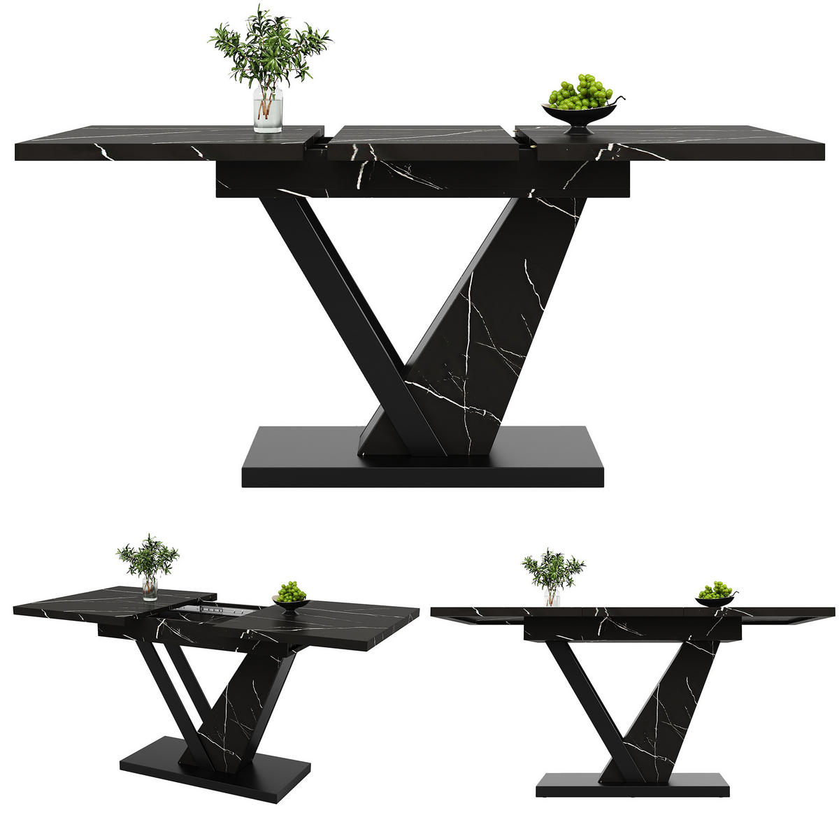 ESSTISCH 120-160x75x76 cm aus MDF mit schwarzem Marmormuster auf stabilen Metallbeinen ausziehbar - Schwarz, Holzwerkstoff (160/75/75.5cm) - Modfu