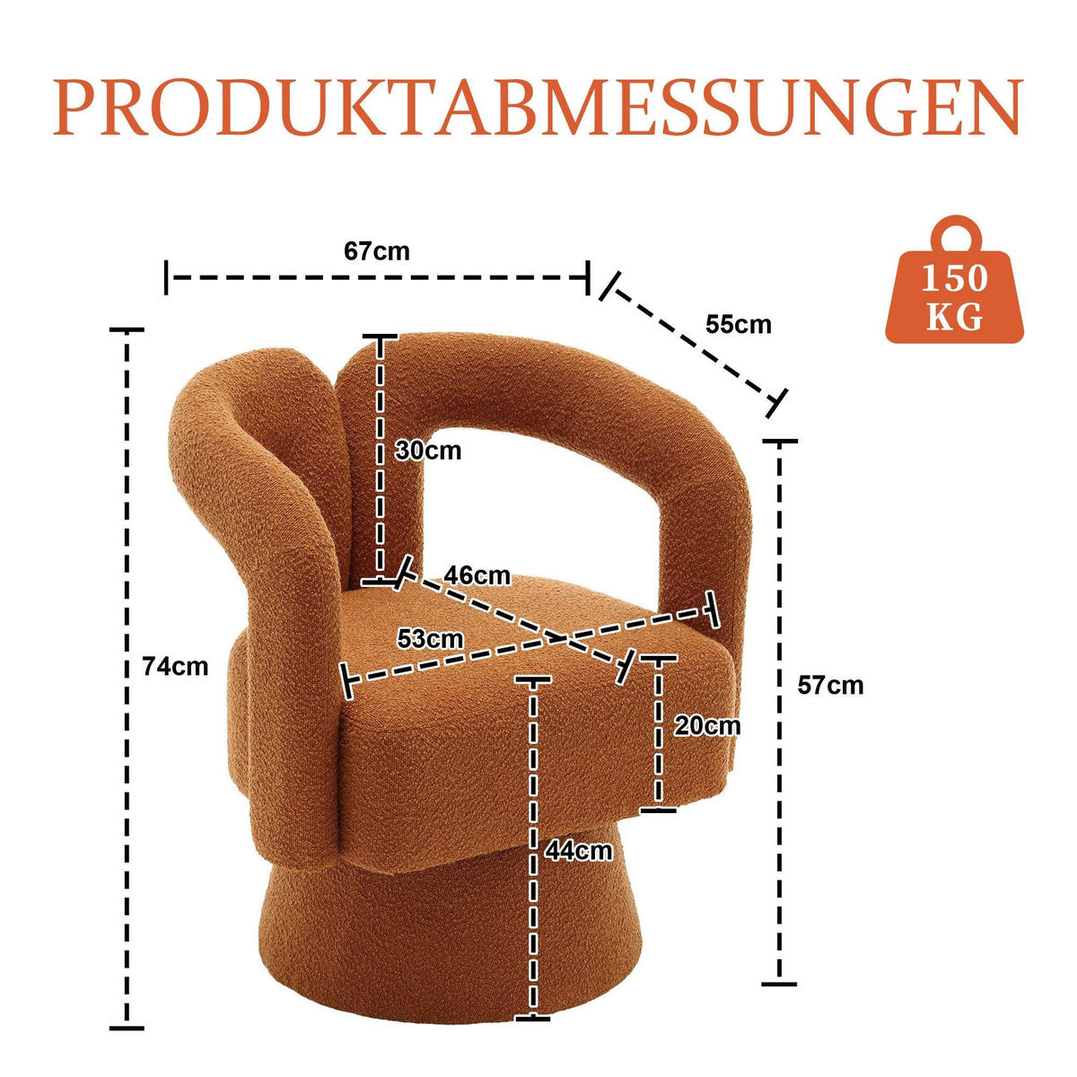 DREHSTUHL 360°Drehsessel Loungesessel mit Polsterung,Boucle,Orange - Orange, Textil (67/74/55cm) - LVHOM