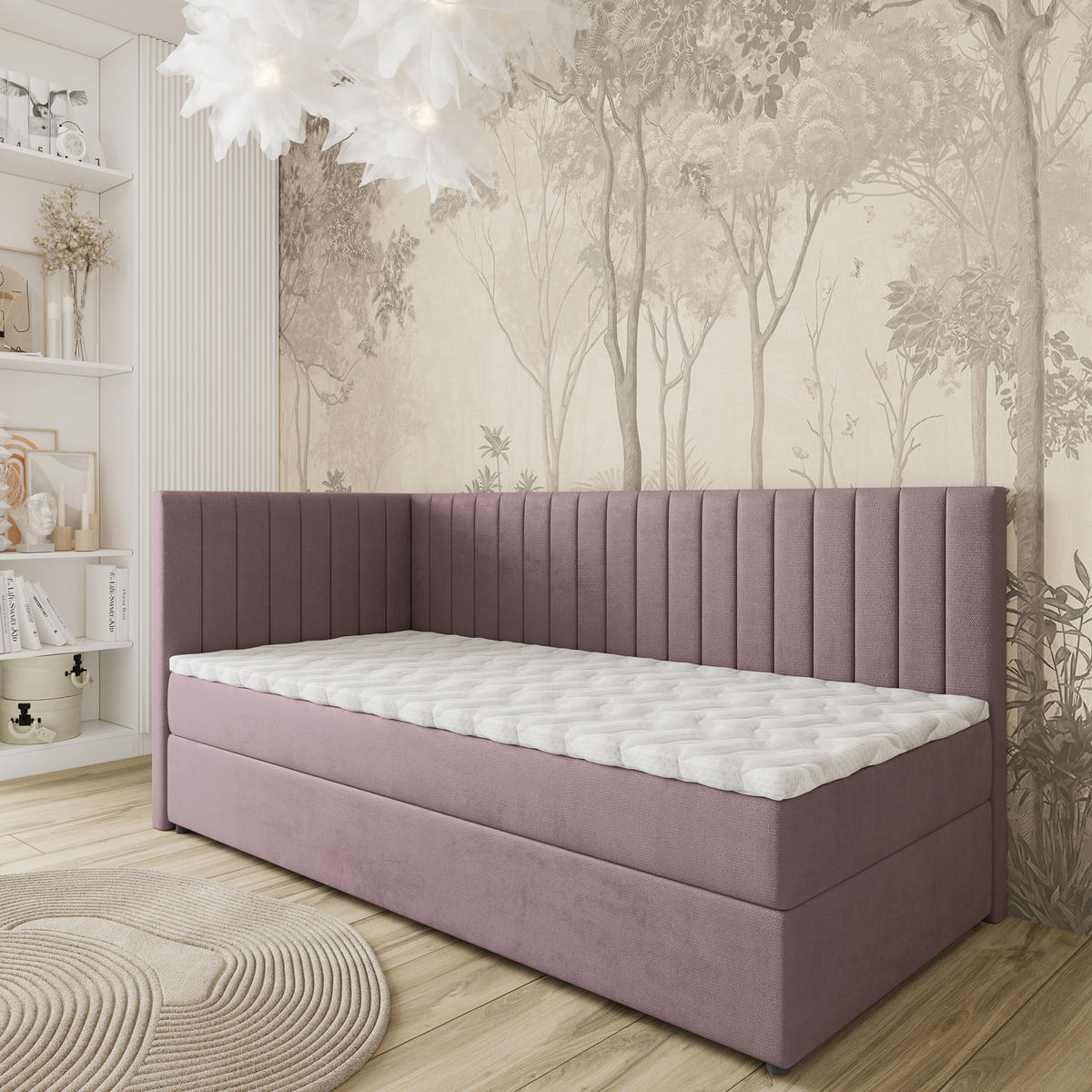 BOXBETT ARIS 100x200 cm mit Matratze und Topper, H2+H3 - Rosa - Rosa, Holz (100/200cm) - MASSENO