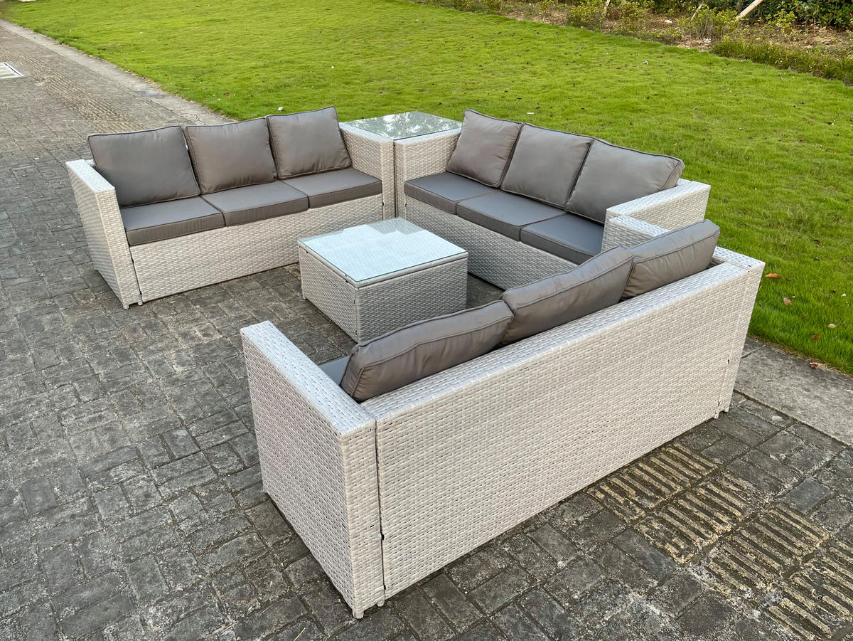 GARTENSOFA SET mit Couchtisch Polyrattan Helles Grau 9-Sitzer - Hellgrau, Metall - Fimous