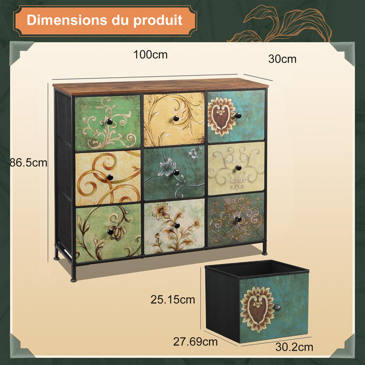 KOMMODE mit 9 Schubladen Metallgestell Stoff Kommode - Multicolor, Holz (30/86.5/100cm)
