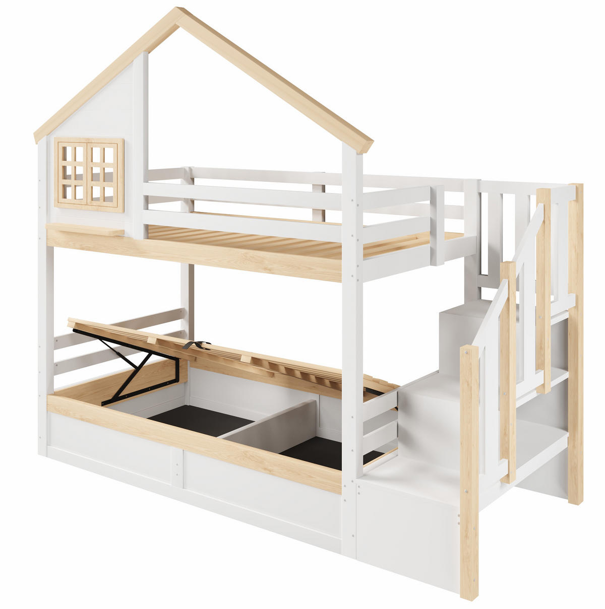ETAGENBETT 90/200 cm mit hydraulischem Stauraum, Hausdesign und Bettgitter, Weiß/Natur - Weiß, Holz (90/200cm) - Redom