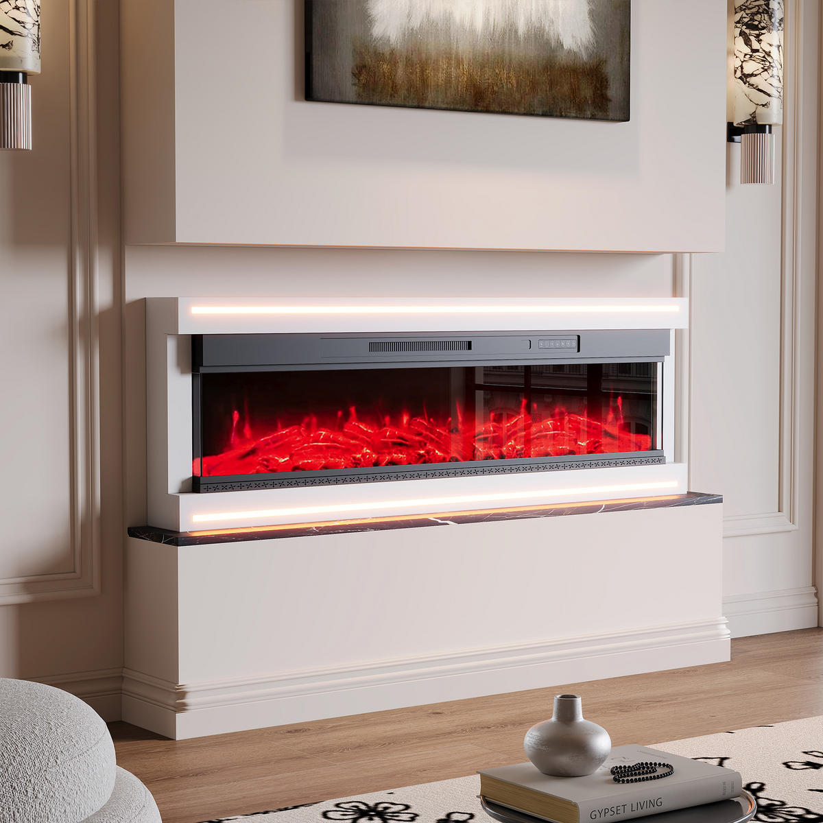 ELEKTROKAMIN 136,8x17x51 cm LED Flamme weiß - Weiß, Holz (127/51.3/17cm) - LEBENLANG