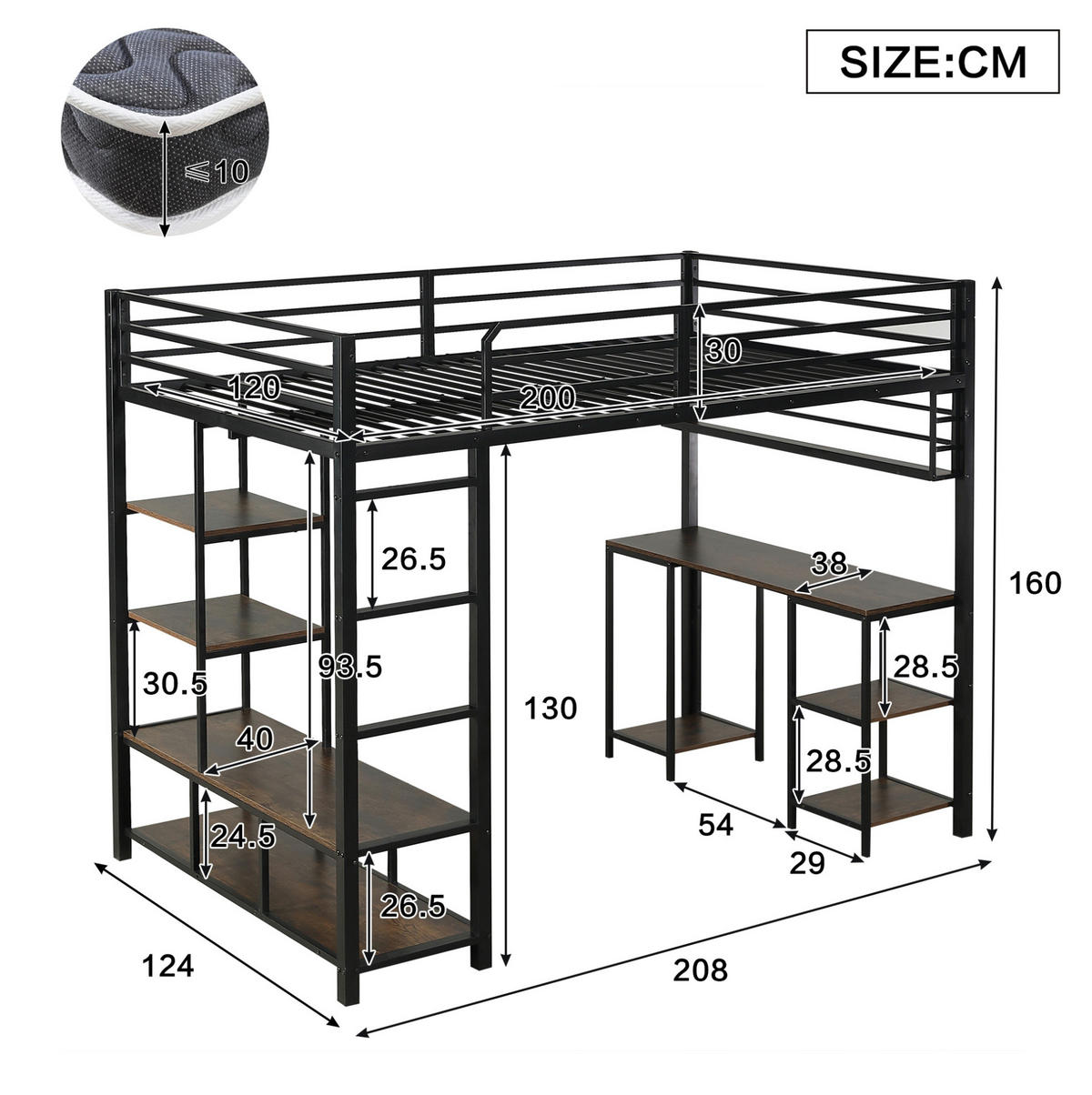 HOCHBETT 120/200 cm schwarz aus Metall und Holz mit Schreibtisch - Schwarz, Metall (120/200cm) - OKWISH