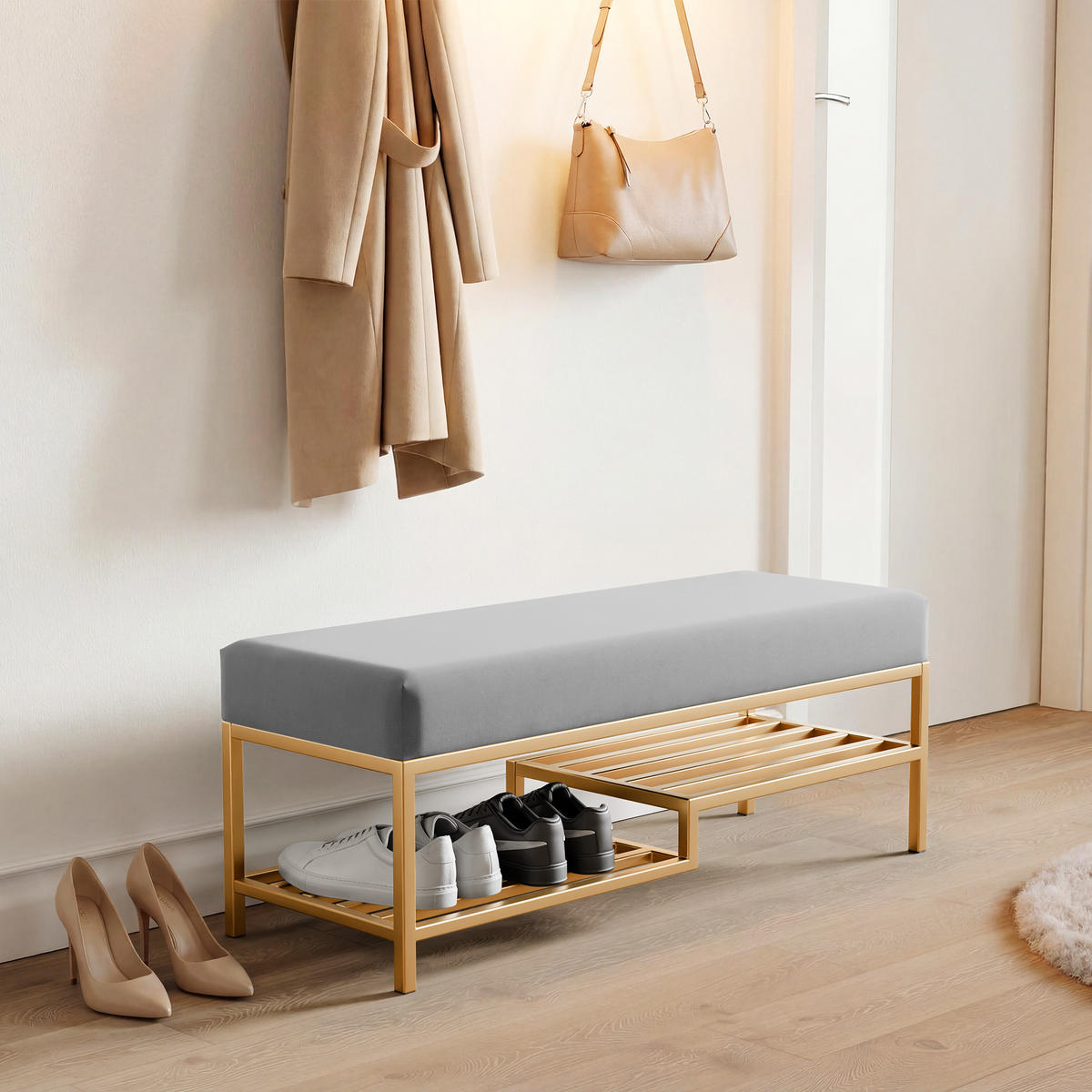 POLSTERBANK STEP 100 cm Gold / Grau ,Metallgestell - Grau, Metall (100/45/35cm) - Idohome
