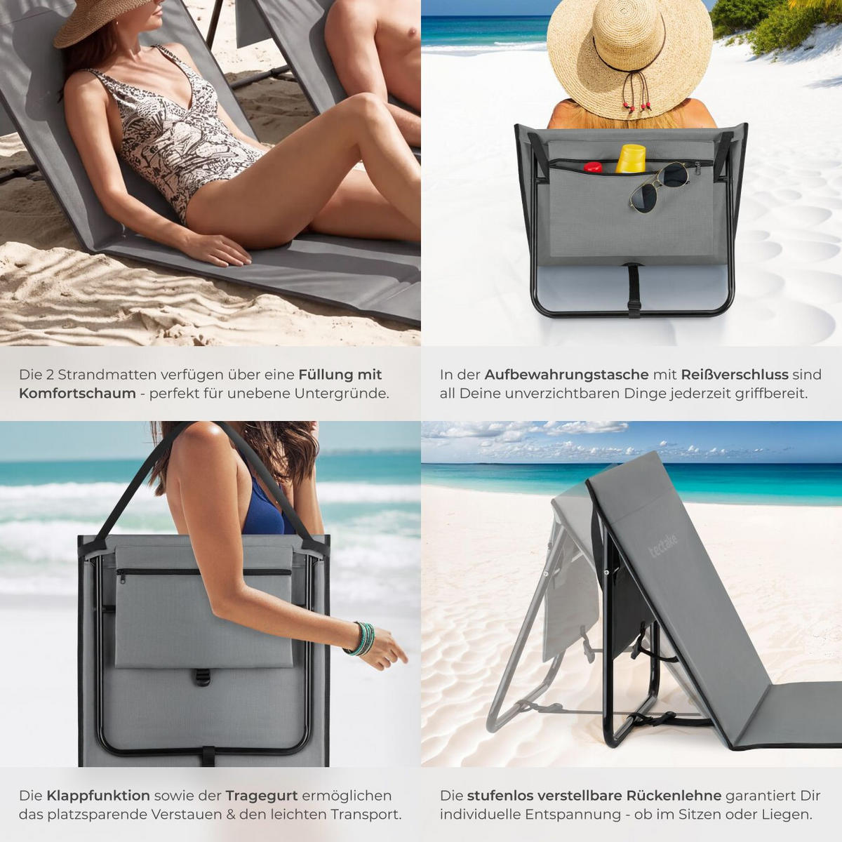 STRANDMATTE 2er Set Mina, inkl. Aufbewahrungstasche, grau/blau - Blau/Grau, Textil (52.5/1.7/157cm) - tectake
