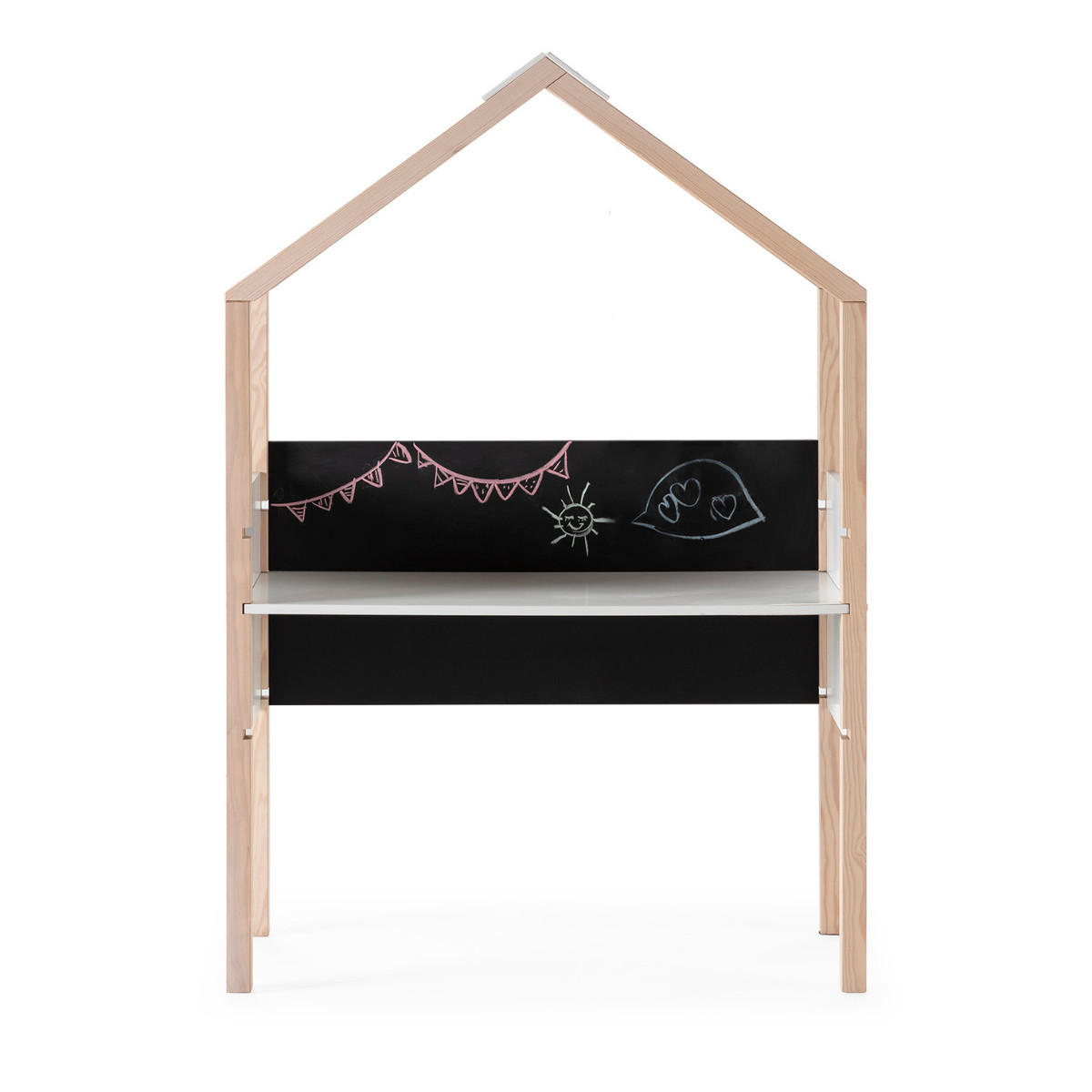 BÜRO mit Schiefertafel in Hausform, dekoriert in weißem Hochglanz und hellem Holz, L100 cm 40/100/155 cm - Weiß, Holzwerkstoff (40/155/100cm) - Calicosy