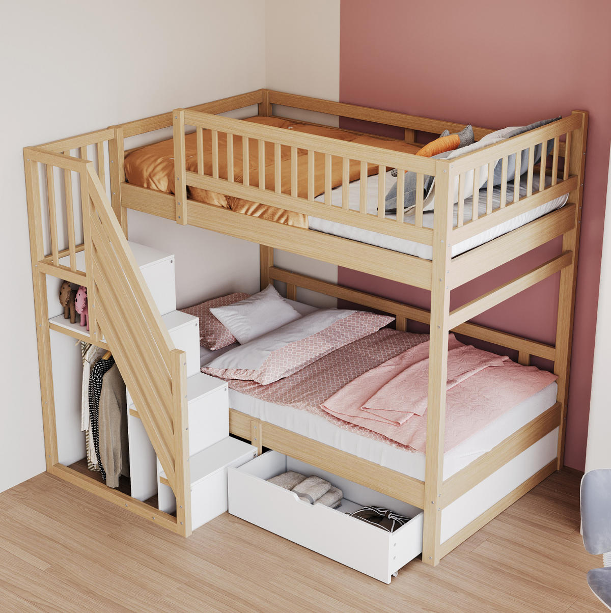 ETAGENBETT 90/200 cm Natur/Weiß aus Holz mit Stauraum - Naturfarben, Holzwerkstoff (90/200cm) - OKWISH