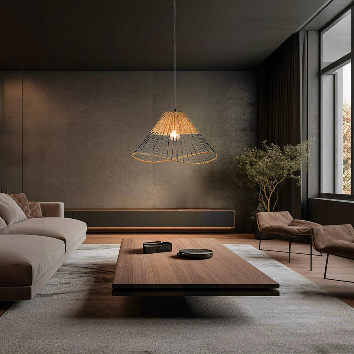 HÄNGELEUCHTE Metall Schwarz Holzgeflecht - Schwarz, Holz (48/48/120cm)