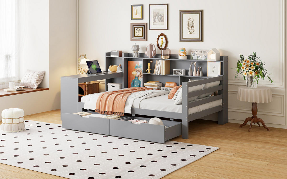 BETT 90/200 cm aus Massivholz in Grau – mit Schreibtisch, Regalen und 2 Schubladen - Grau, Holz (90/200cm) - BEAOK