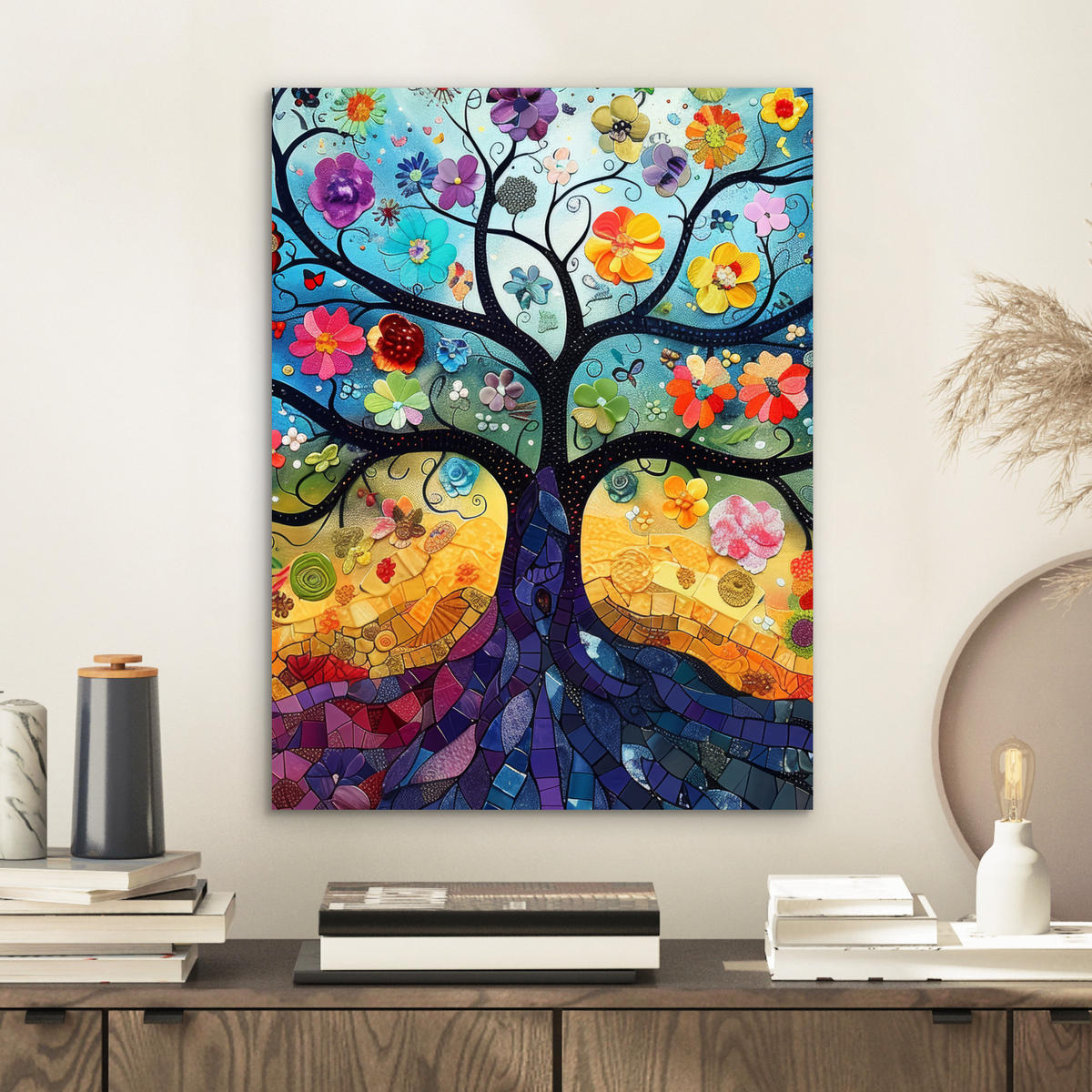 KOVOVÝ OBRAZ Umenie - Strom života - Kvety - Hippie 30x40 cm - tmavomodrá, kov (30/40cm) - MuchoWow