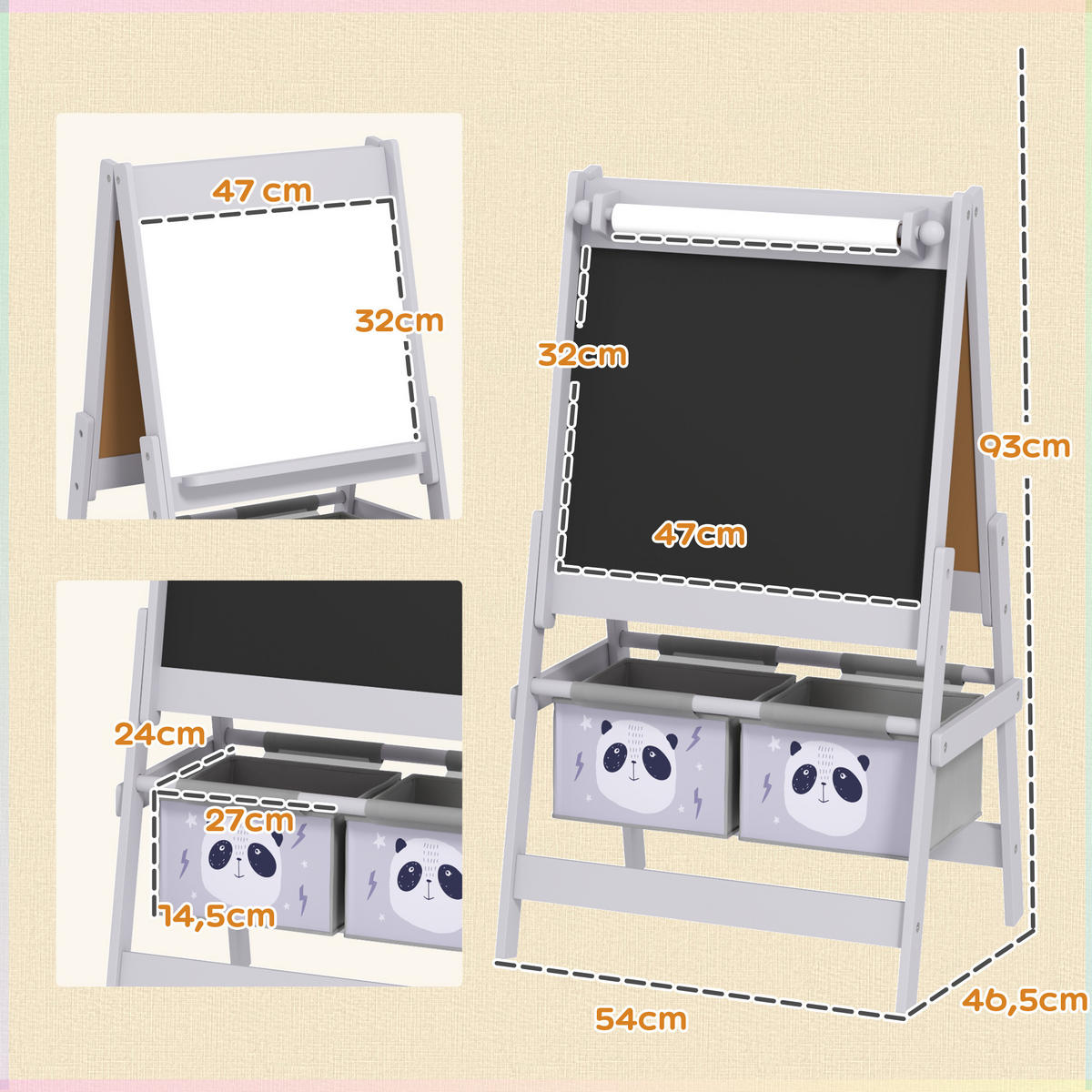 MALTAFEL DE-18210 3-in-1 mit Papierrolle, 2 Körbe Grau - Grau, Holzwerkstoff (46.5/93/54cm) - ComfortXL