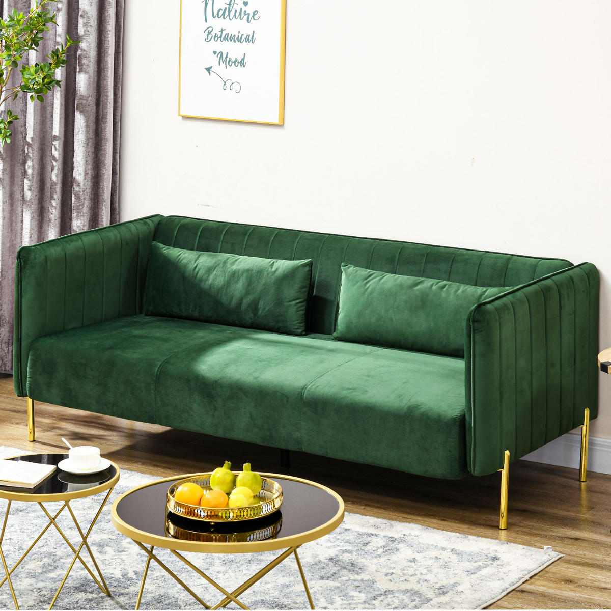3 Sitzer Sofa Gästesofa mit 2 Sitzkissen, dreier Couch mit Armlehne, Grün - Grün, Kunststoff/Textil (88/76/200cm) - HOMCOM