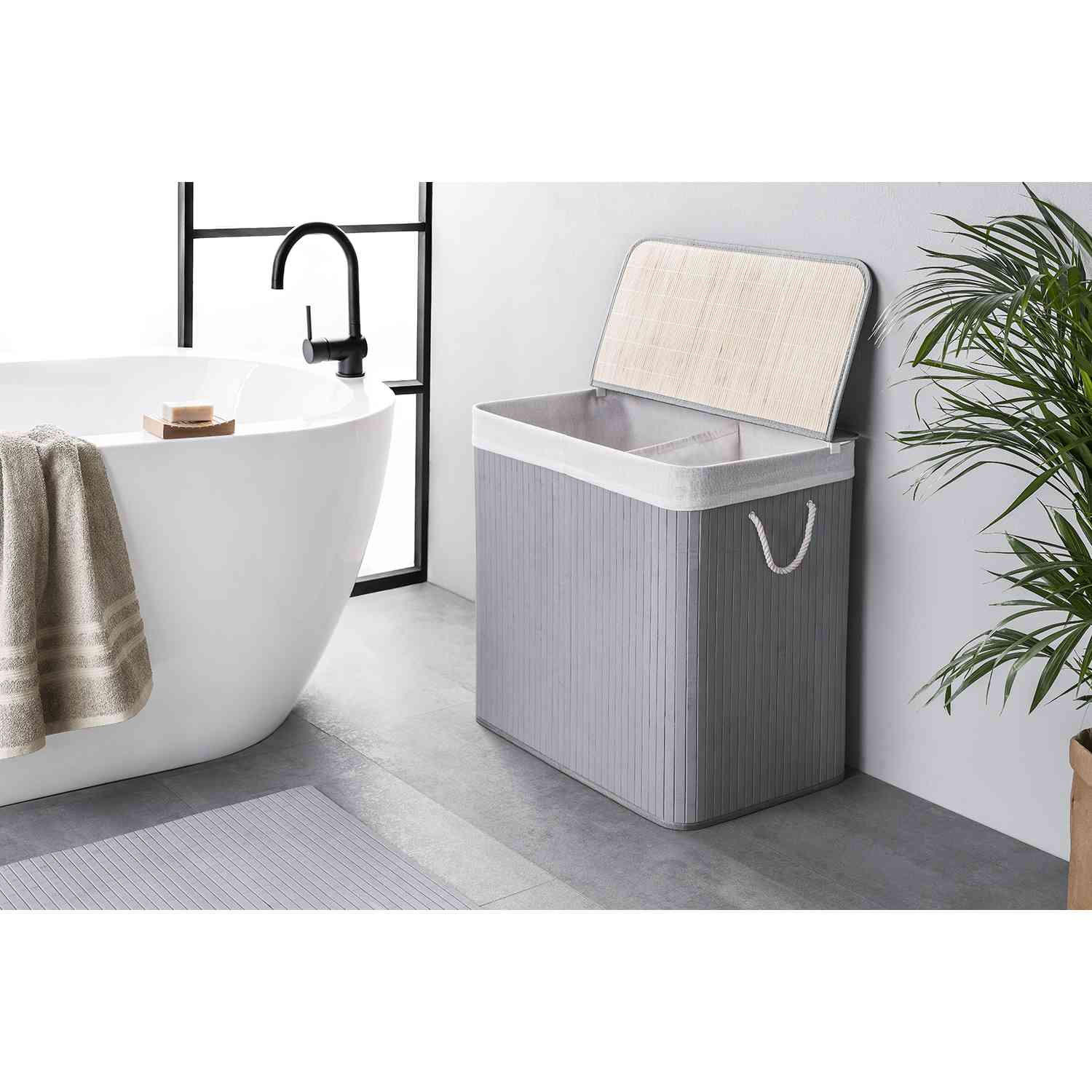 WÄSCHEKORB MIT DECKEL BAMBOO - Hellgrau, Naturmaterialien (52/60/32cm) - WohnDirect