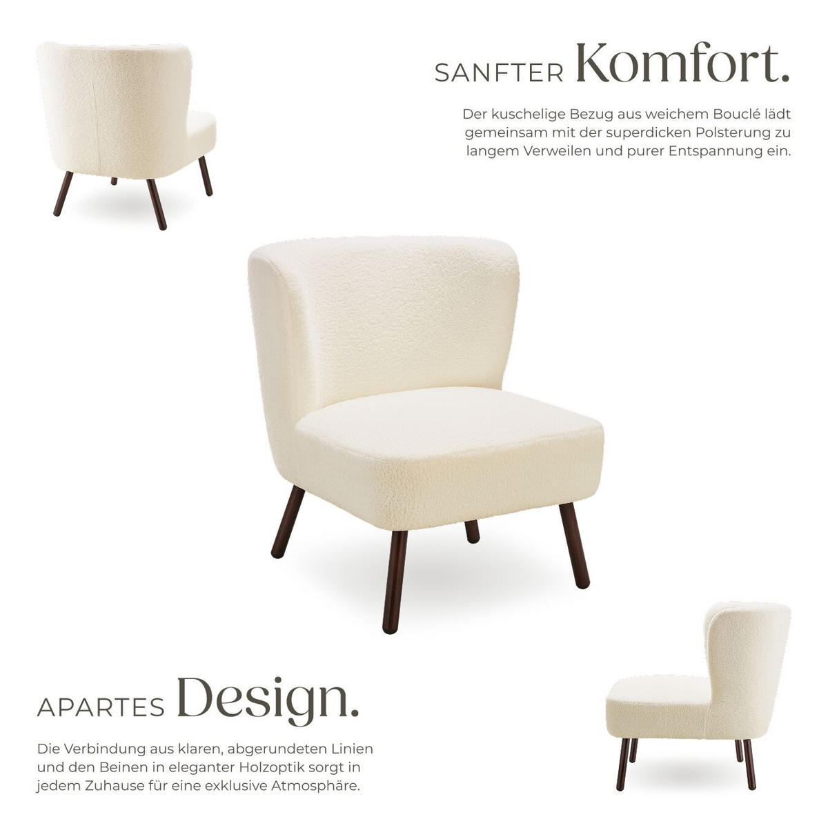 COCKTAILSESSEL Teddy Robina, 61 x 68 x 69 cm,Bouclé off-white - Weiß, Kunststoff (61/69/68cm) - tectake