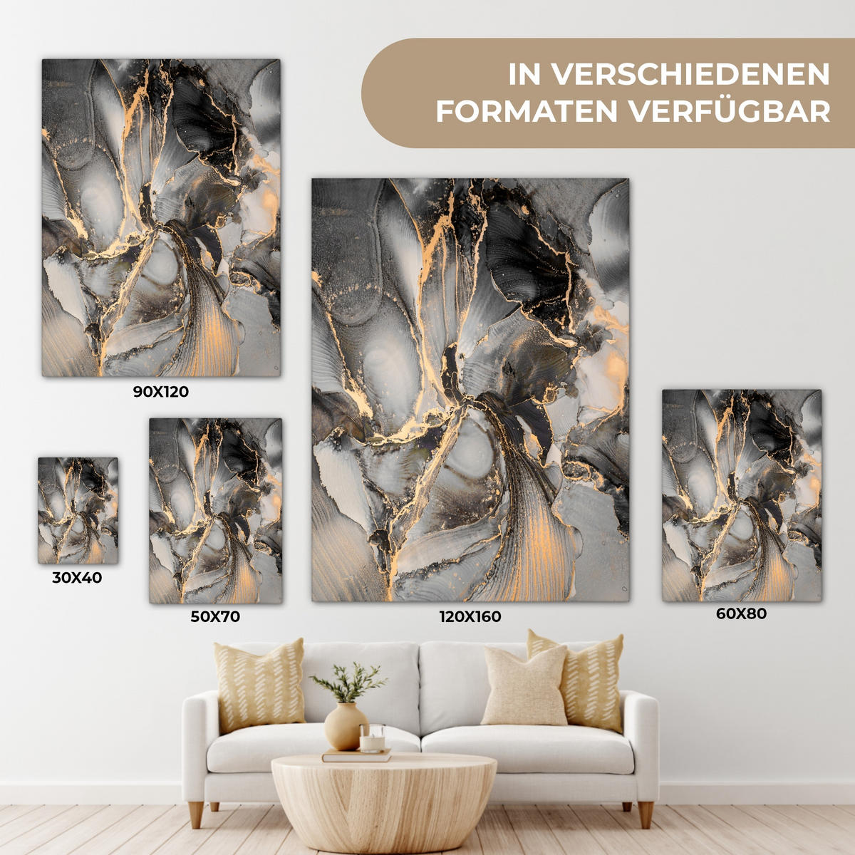LEINWANDBILD Grau - Luxus - Gold - Marmor 60x80 cm - Dunkelgrau, Textil (60/80cm) - MuchoWow