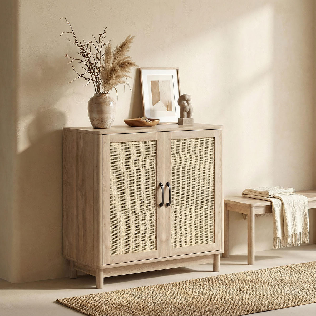 SIDEBOARD DE-11316 2 Rotintüren Eiche - Eichefarben, Holzwerkstoff (76/75.5/35cm) - ComfortXL