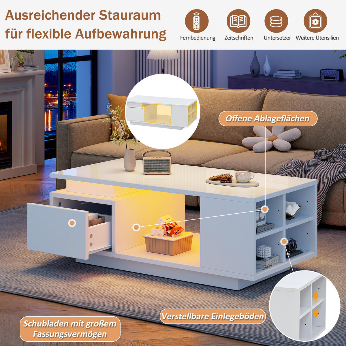 COUCHTISCH in Weiß Kaffeetisch mit Schublade, LED & 4 Ablagefächern,Hochglanz Sofatisch für Wohnzimmer, B100/T50/H36cm - Weiß, Holzwerkstoff (50/100/36cm) - STILVORA