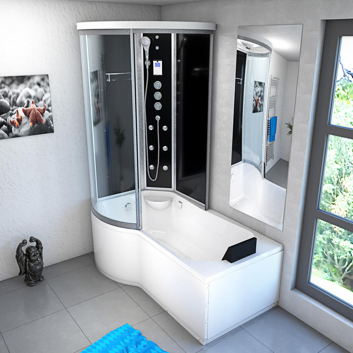 DUSCHKABINE mit Wanne K55-R33 Schwarz 100x170 - Schwarz, Glas/Kunststoff (98/170/220cm) - AcquaVapore by Sandra Jentho