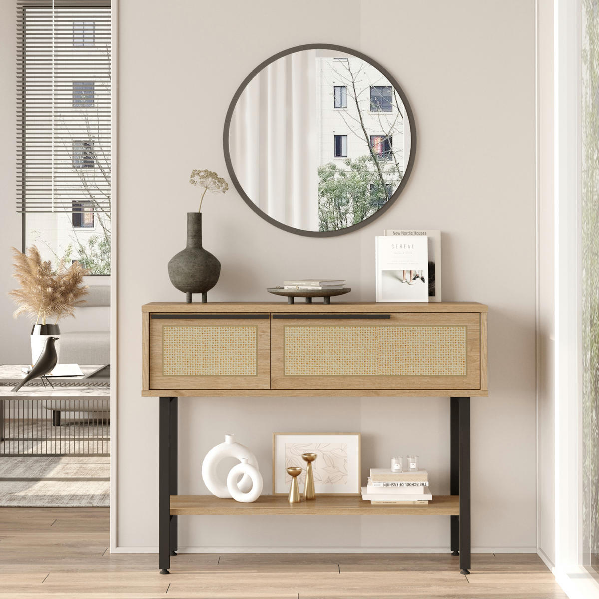 FLURTISCH Kvænangen - Eichefarben/Schwarz, Holzwerkstoff/Metall (100/29.5/76cm) - [en.casa]