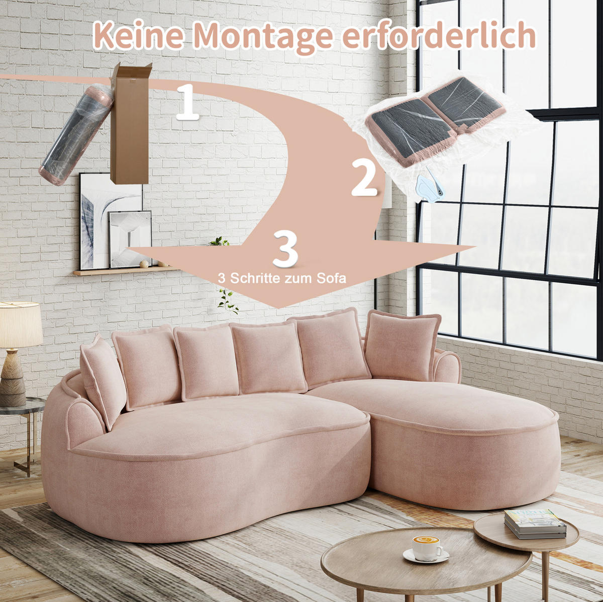 ECKSOFA 252/164/67 cm pink aus Chenille rahmenlos mit tiefer Chaiselongue - Pink, Textil (164/252cm) - OKWISH