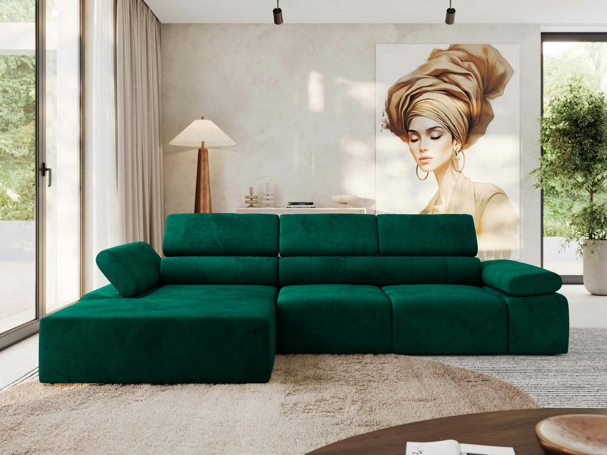 ECKSOFA RILASSO L Dunkelgrün Velvet - links - Dunkelgrün/Schwarz, Kunststoff/Textil (296/174cm) - MKS