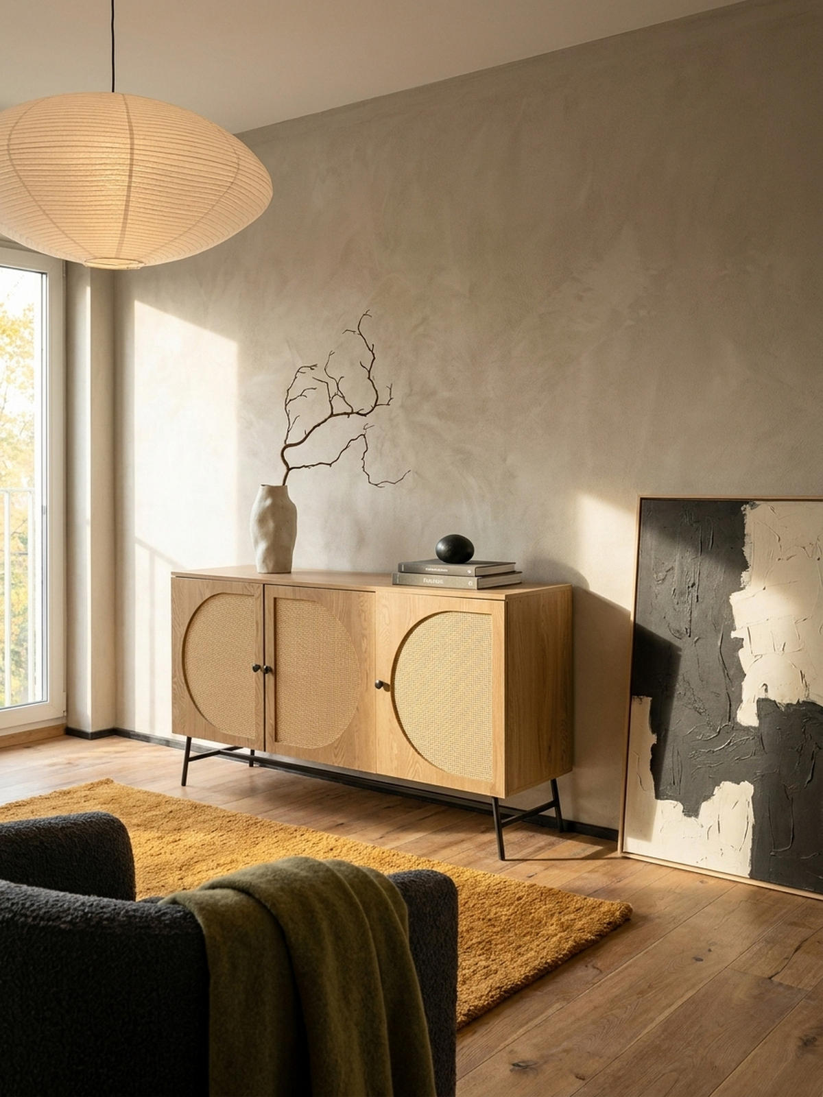 SIDEBOARD – Eiche-Dekor/Rattan, 140x80x39 cm, 3 Türen, hoch - Schwarz/Braun, Holzwerkstoff/Metall (140/80/39cm) - KADIMA DESIGN