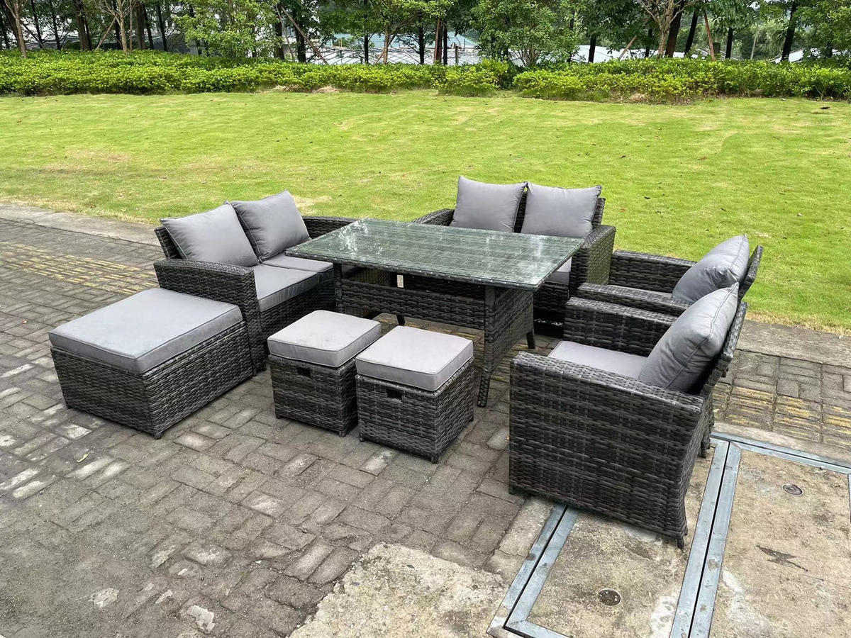 GARTENMÖBELGARNITUR mit Esstisch Polyrattan Dunkelgrau 9-Sitzer - Dunkelgrau/Grau, Glas/Kunststoff - Fimous