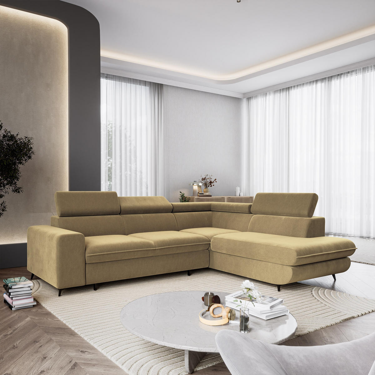 ECKSOFA VELISS Currygelb Veloursstoff mit Schlaffunktion - Currygelb, Holz (255/193cm) - MASSENO