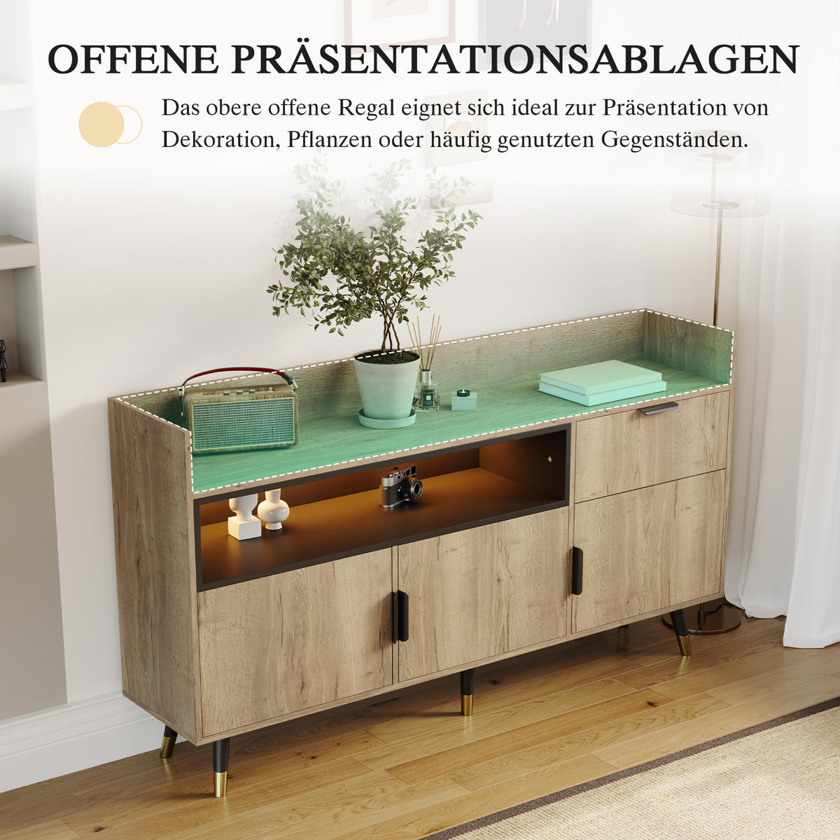 SIDEBOARD in Naturfarbe Anrichte mit Schubladen für Wohnzimmer, Esszimmer und Büro, B160/T35/H82 cm - Schwarz/Naturfarben, Holzwerkstoff/Metall (160/82/35cm) - STILVORA