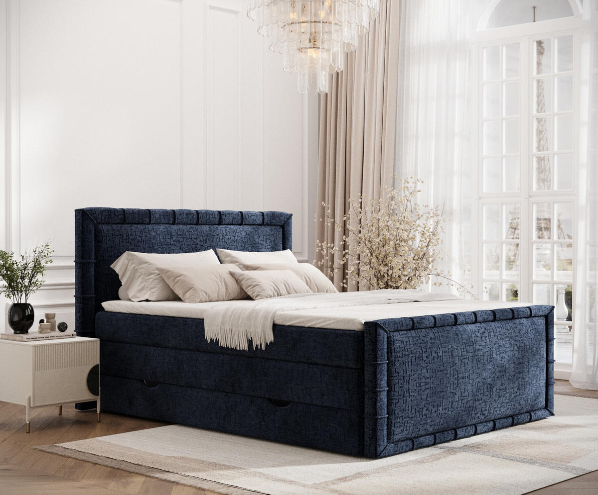 BOXBETT Estelle Marineblau 200/200 cm im Chenille-Stoff - Schwarz/Dunkelblau, Holz/Holzwerkstoff (200/200cm) - Maison de Reve