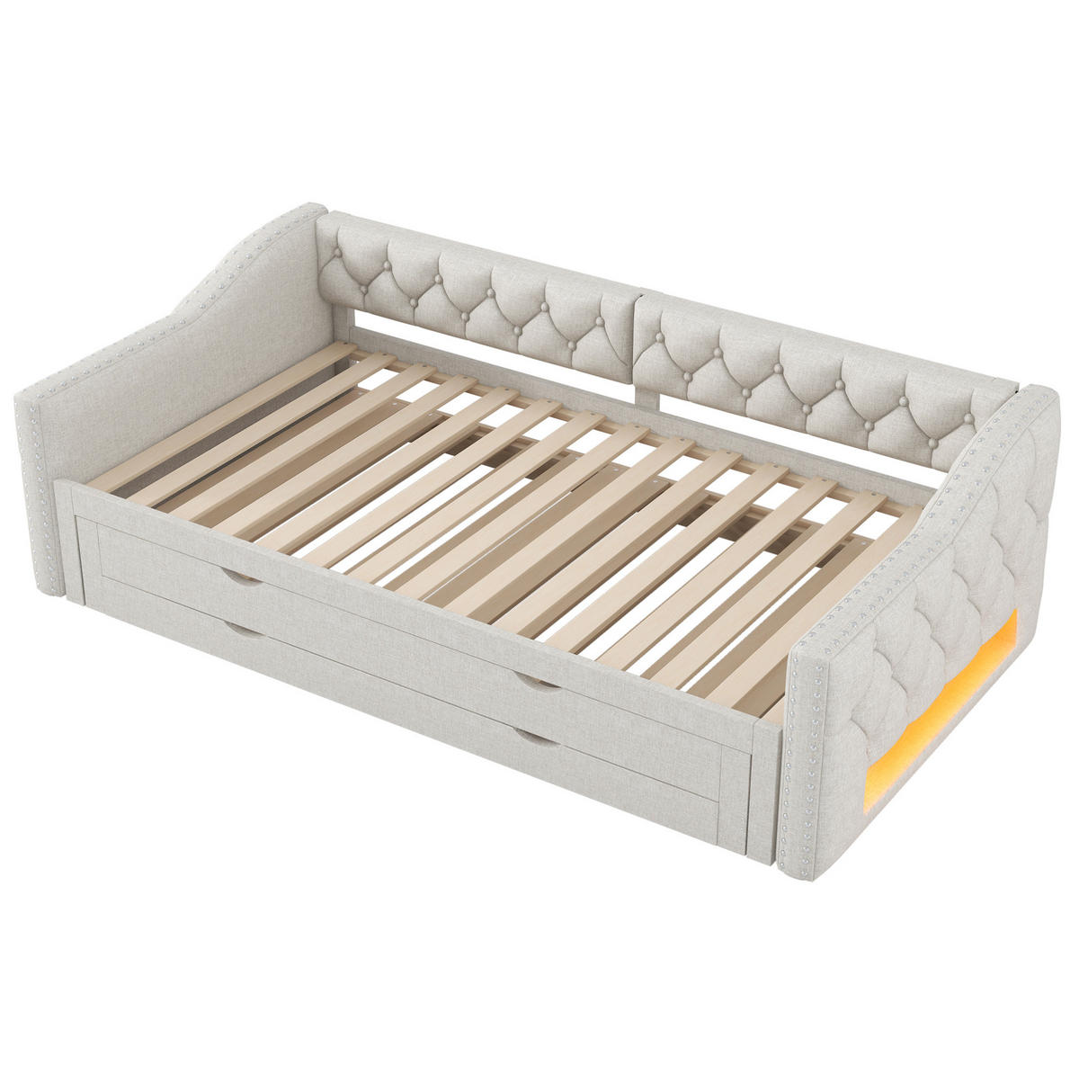 TAGESBETT aus MDF und Leinenmischgewebe 90x200 cm Beige mit LED-Beleuchtung, Ausziehbett und 3 Schubladen - Beige, Textil (90/200cm) - Modfu