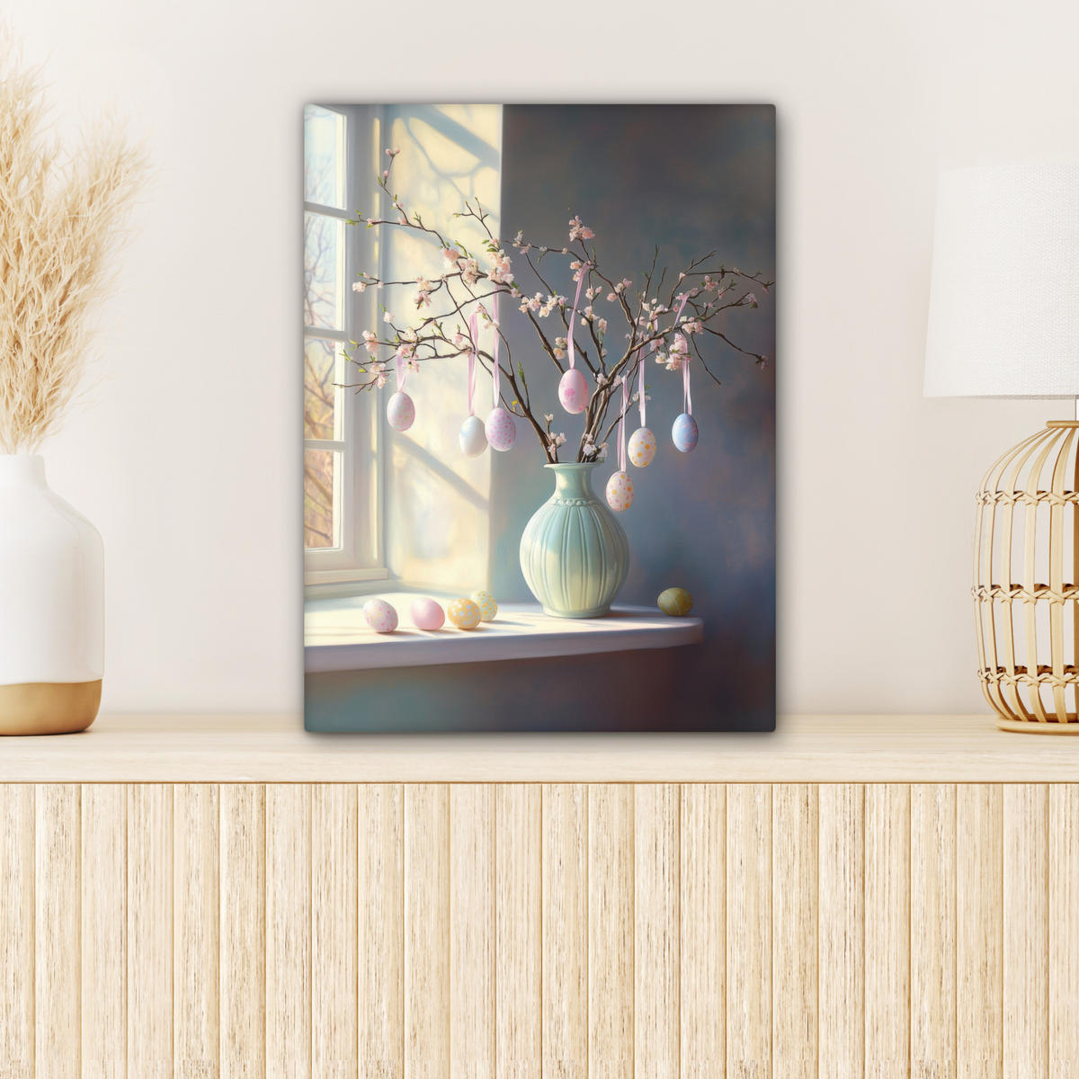 LEINWANDBILD Stillleben - Vase - Osterzweig Room Decor 30x40 cm - Hellblau, Textil (30/40cm) - MuchoWow