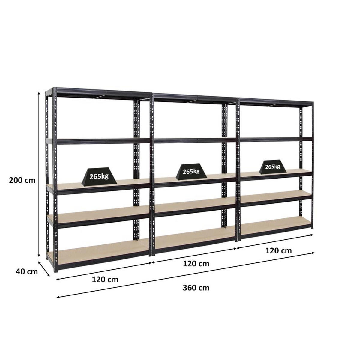 SCHWERLASTREGAL Giant Tiger 3er-Set mit 3x 200x120x40 cm Fachlast 265 kg 5-Ebenen Schwarz - Schwarz, Metall (360/200/40cm) - PROREGAL