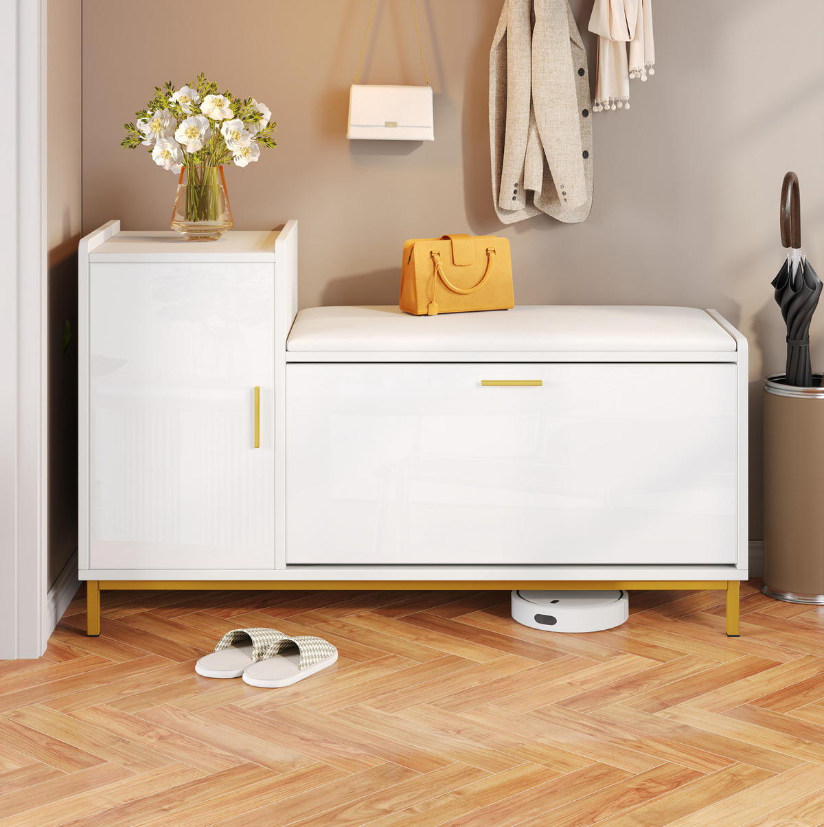 SCHUHBANK 100/38/68 cm in Weiß/Gold mit Sitzfläche, 2 Klappenfächern und Schrank - Weiß, Holzwerkstoff (100/68/38cm) - BEAOK