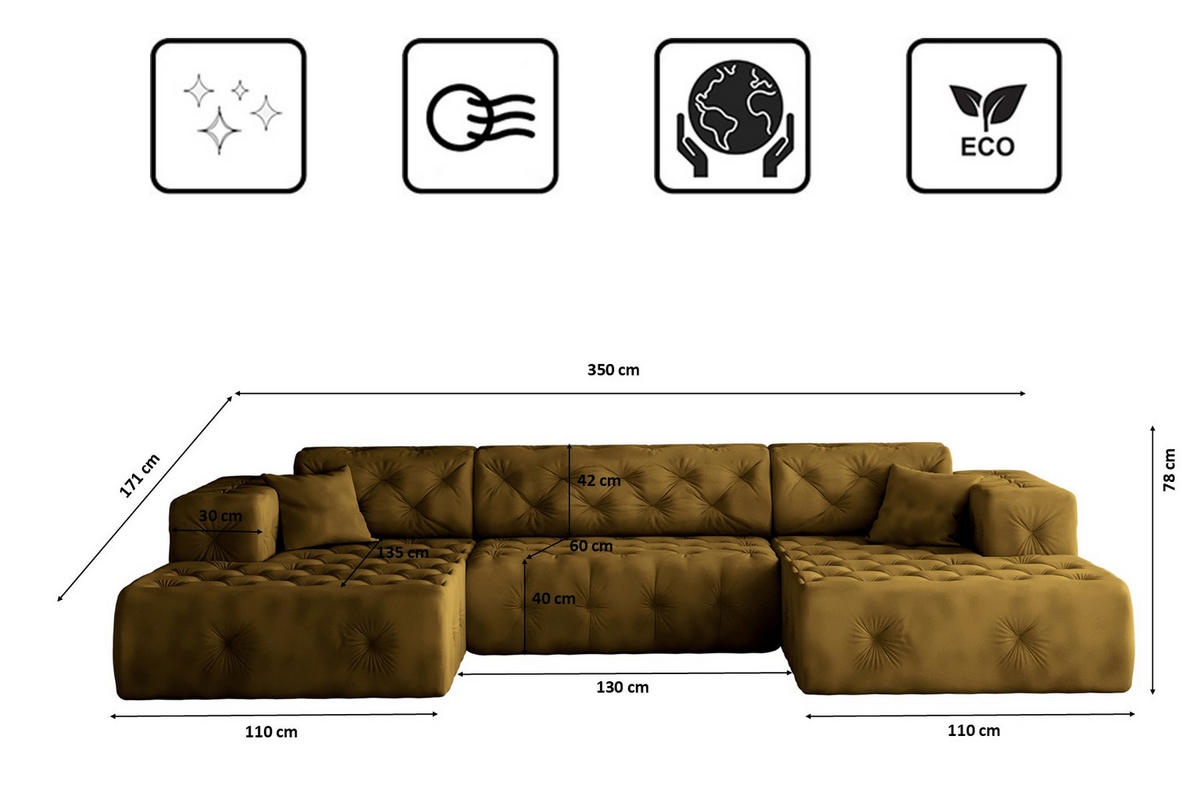 ECKSOFA LUX U-Form, Gesteppt, Stoff Whisper, Golden - Goldfarben, Holz/Textil (350/171cm) - Kaiser Möbel