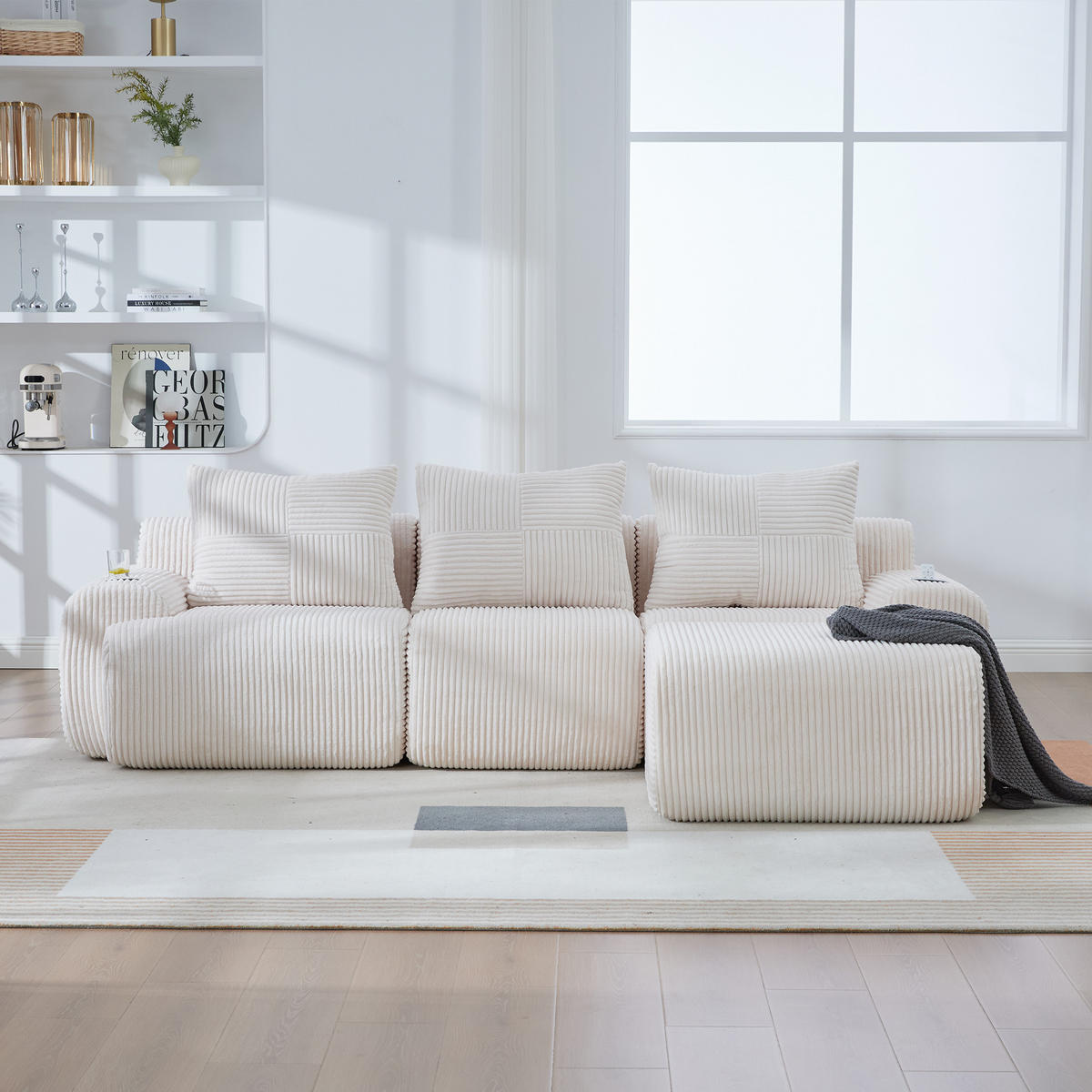 MODULARES 3-Sitzer Sofa Cordstoff mit Getränkehalter und Seitentasche 268/174/80 cm Beige - Beige, Textil (174/268cm) - Redom