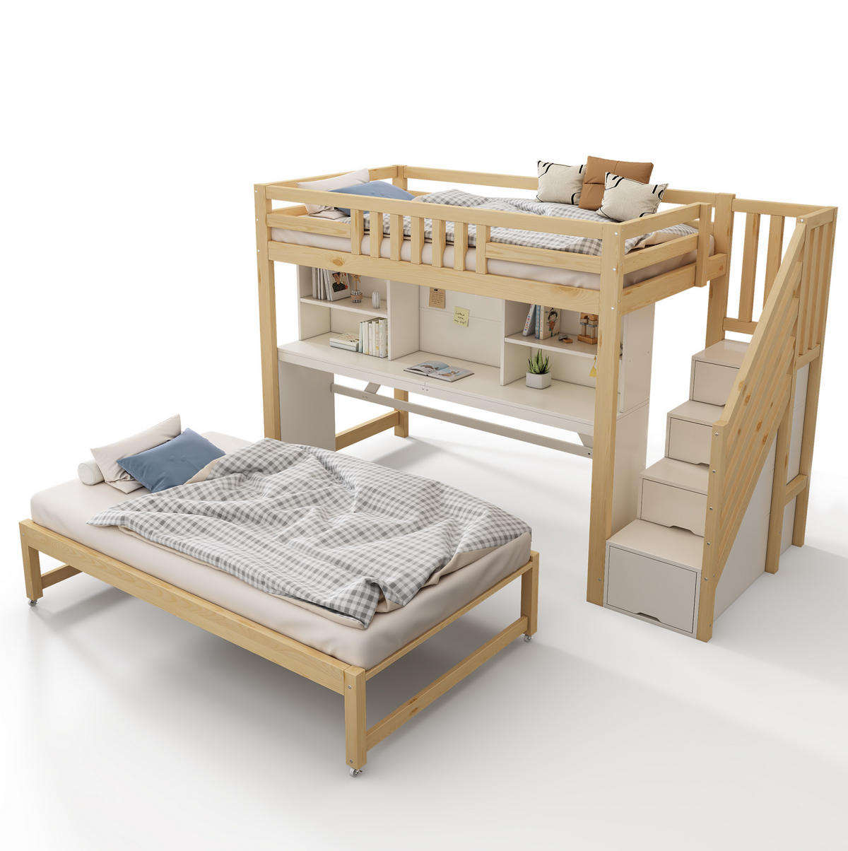ETAGENBETT 90x200/90x190 cm in Weiß und Eichefarben mit Ausziehbett und Schreibtisch - Eichefarben, Holz (90/200cm) - IVMEU