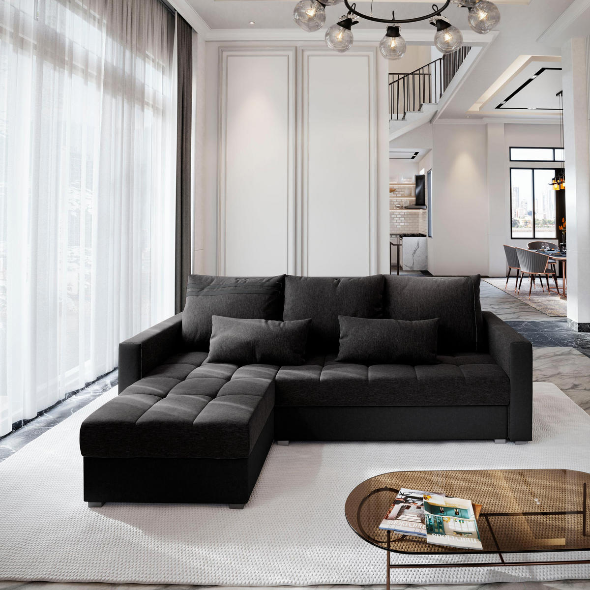ECKSOFA KOS PIK Grau Dünner Stoff mit Schlaffunktion - Dunkelgrau, Holz (220/140cm) - MASSENO