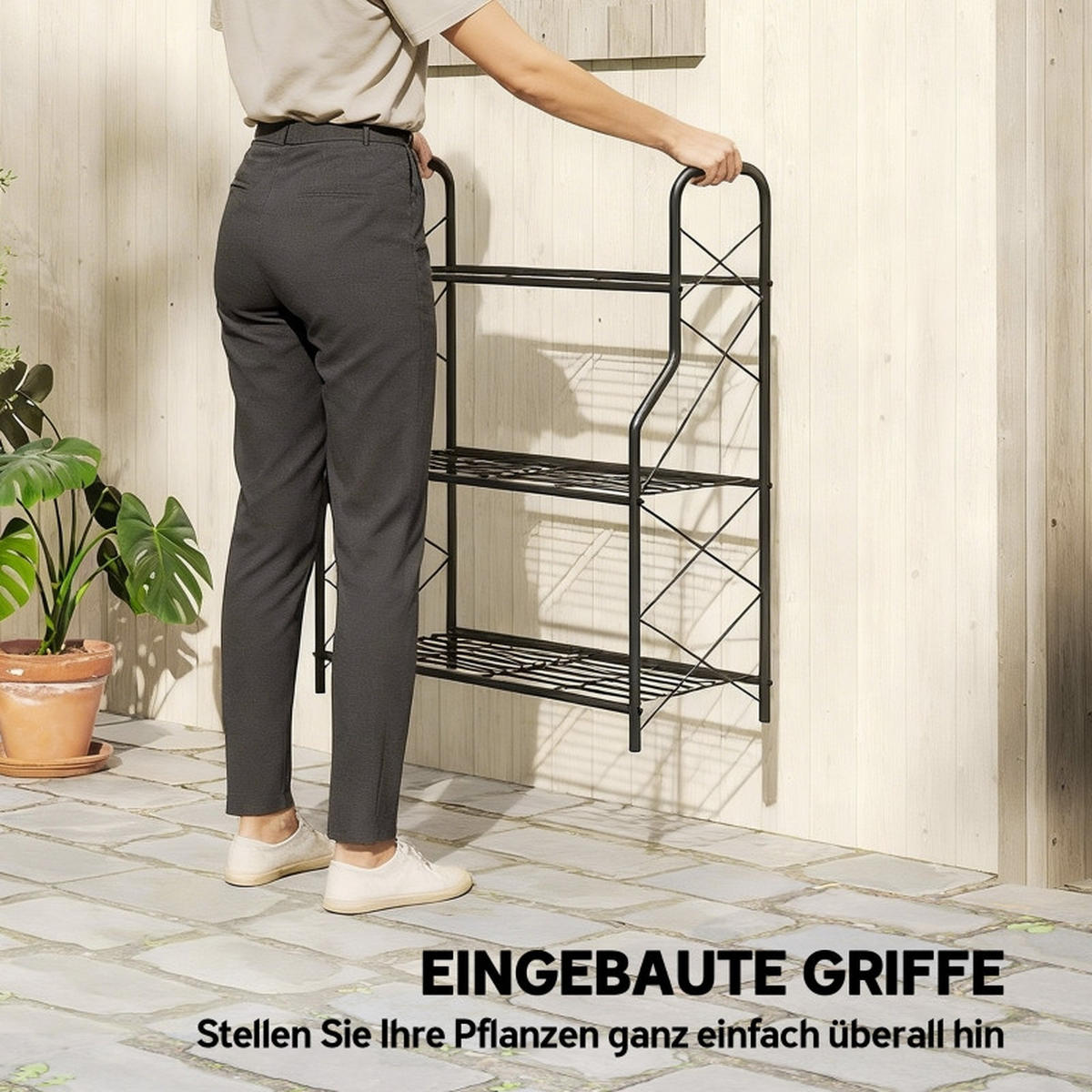 GARTENREGAL aus Metall 69x28,5x78 cm in Schwarz mit Griffen - Schwarz, Metall (28.5/78/69cm) - Modfu