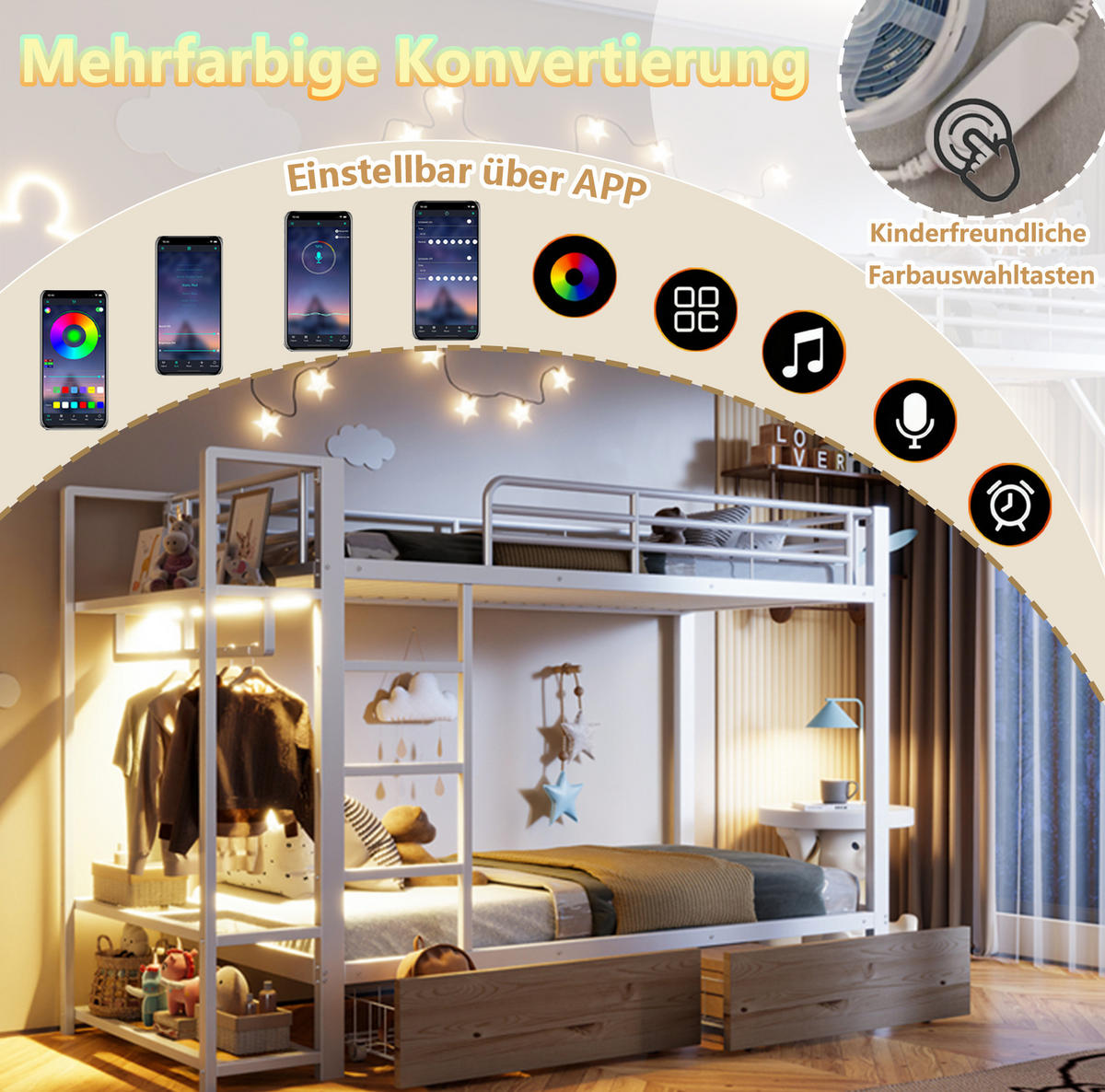 ETAGENBETT aus Metall 90x200 cm Weiß mit LED-Lichtleiste, 2 Schubladen, Ablageflächen und Kleiderstange - Weiß, Metall (90/200cm) - Modfu