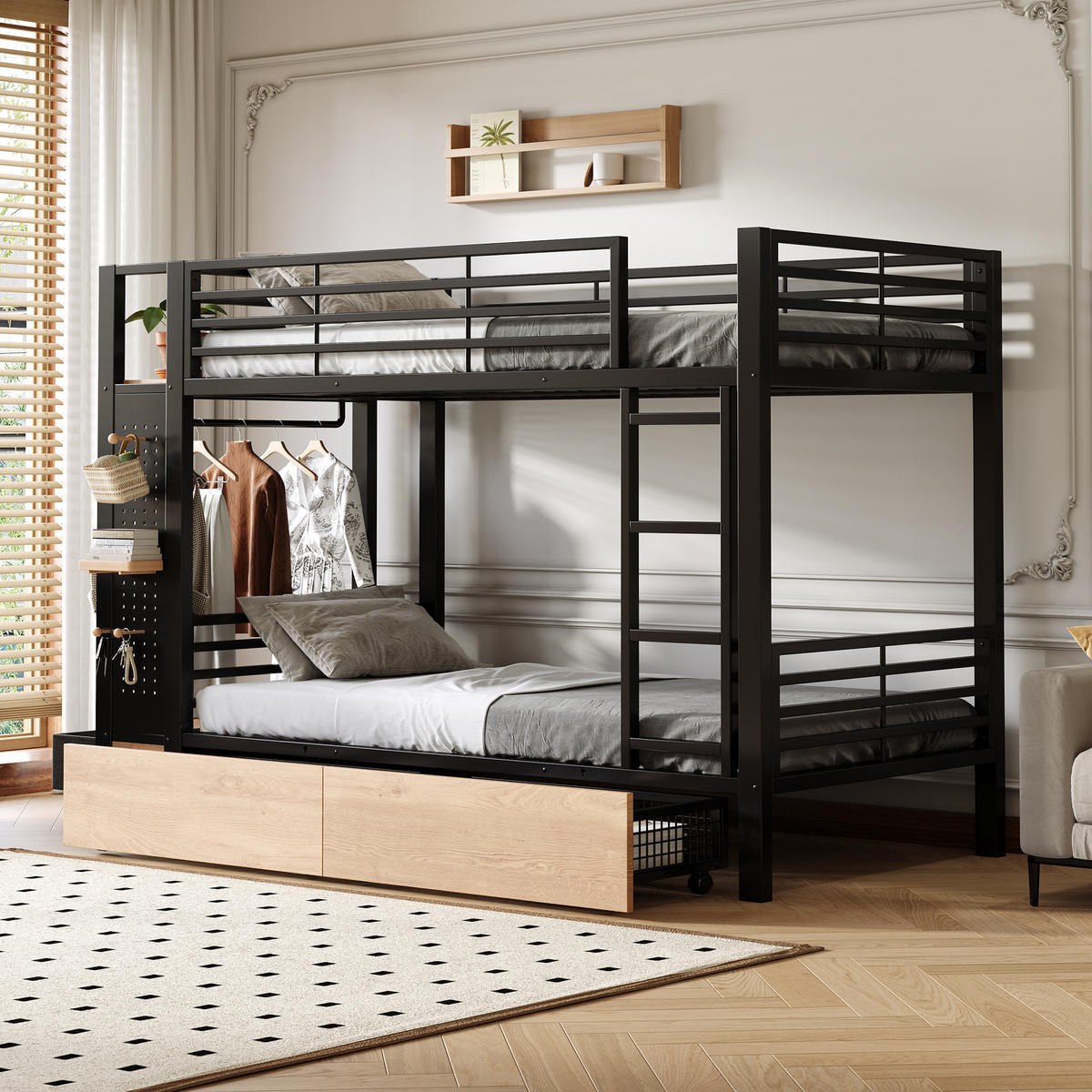 ETAGENBETT 90x200 Schwarz Metall mit 4 Schubladen, LED & Kleiderstange - Schwarz, Metall - Urban Meuble