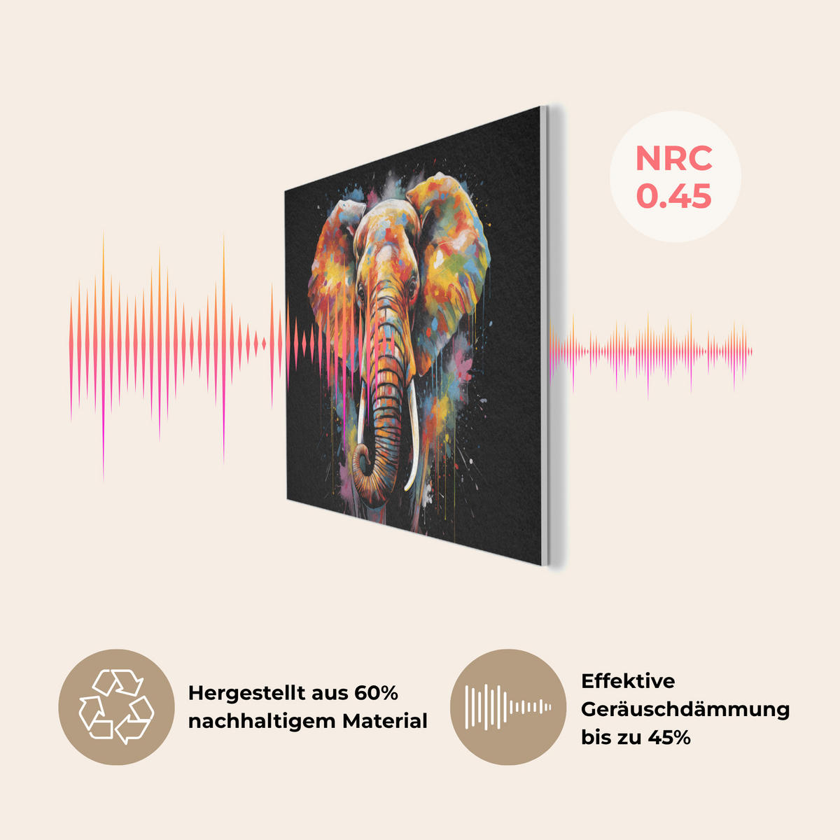 AKUSTIKPANEEL Elefant - Graffiti - Schwarz - Tiere - Farben 80x60 cm - Schwarz, Textil (80/0.9/60cm) - MuchoWow