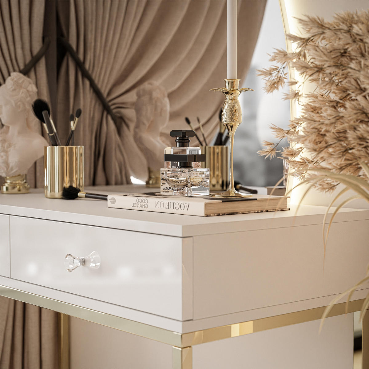 SCHMINKTISCH weiß QUINNIE mit LED-Spiegel gold Chrom rechts Griff Kristall - Goldfarben/Weiß, Holzwerkstoff (100/176/42cm) - Lookway